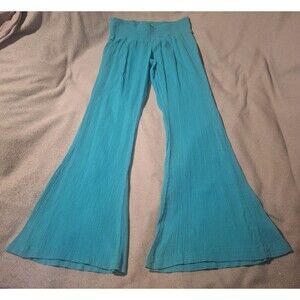 AMERICAN RAG CIE-Women M Turquoiose Pants-Wide Leg Crinkle Cotton Pull On
